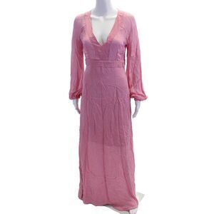 By TiMo Womens V-Neck Long Sleeve Zippered Casual Maxi Dress Pink Size S